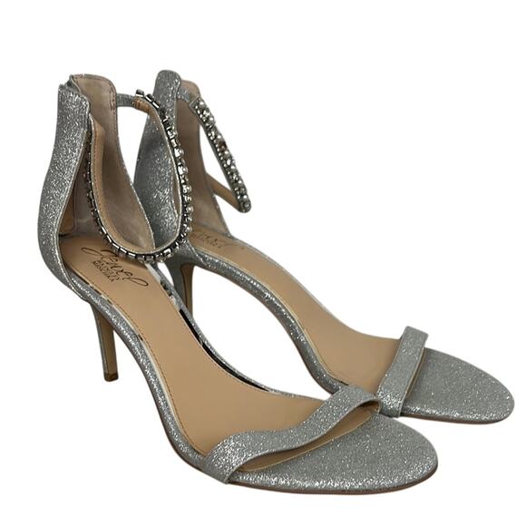 New Badgley Mischka 11 silver glitter open toe ankle strap rhinestone high heel - Picture 1 of 8